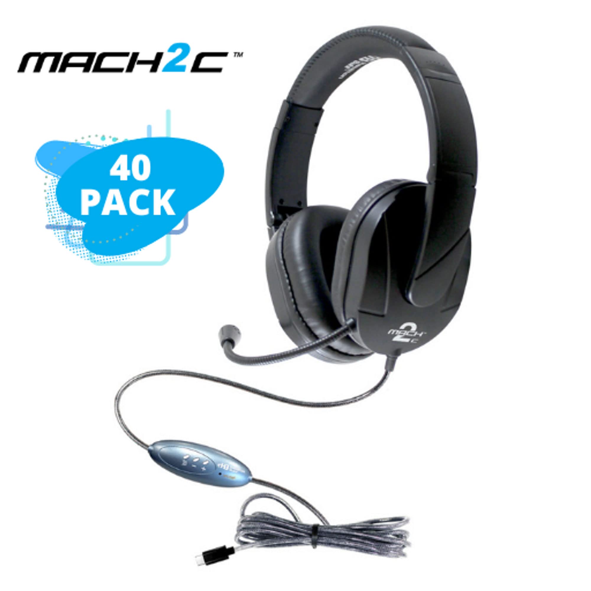 HamiltonBuhl 40 Pack of Mach2C - Deluxe Headset - USB-C Plug with Boom Microphone, USB 2.0 Leatherette Ear Cushions