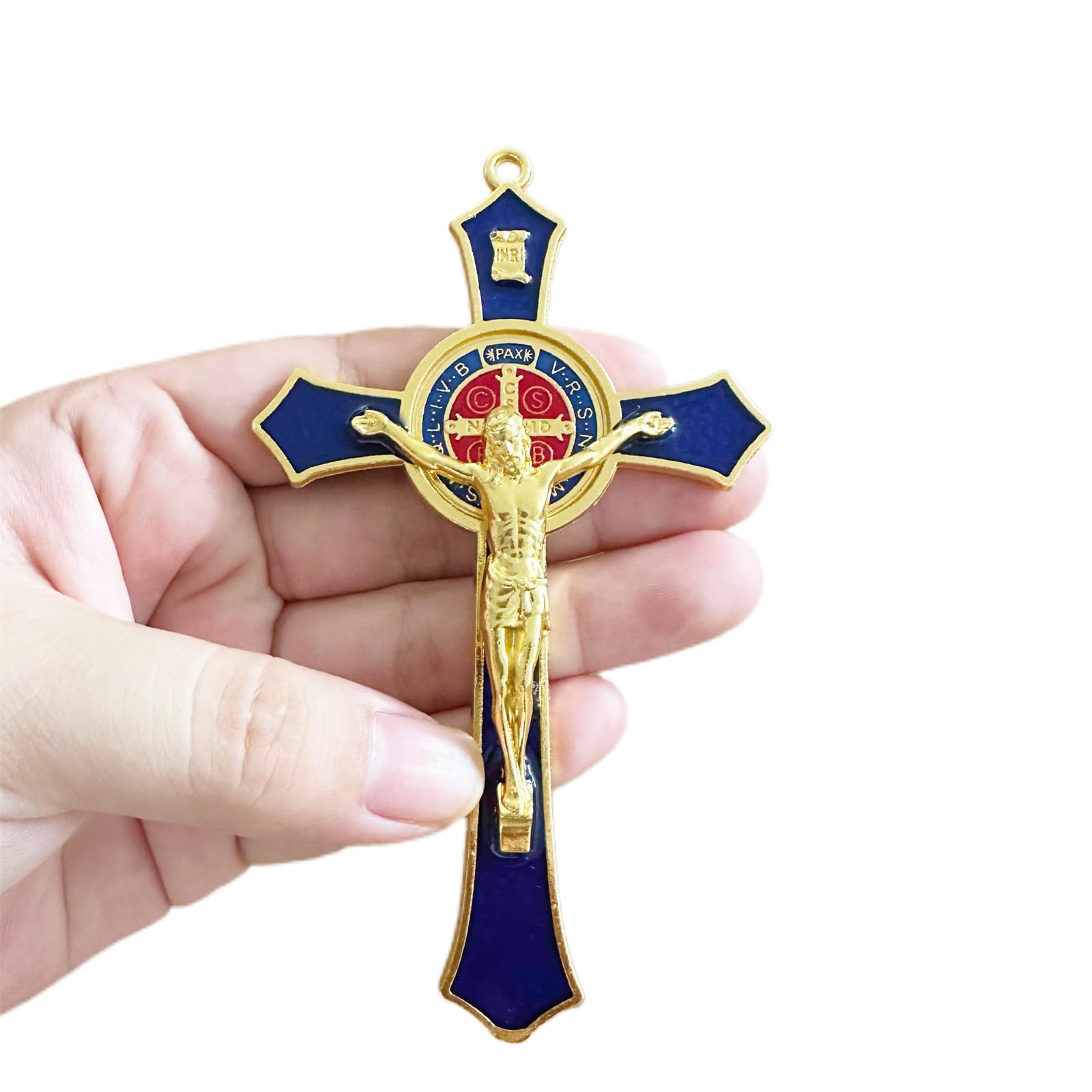 Bovemee Blue Saint Benedict Benedictine Red Enamel 4.7X2.7 Inch Protection Wall Crucifix Cross Catholic San Benito Medalla Prayer Decoration (Blue)
