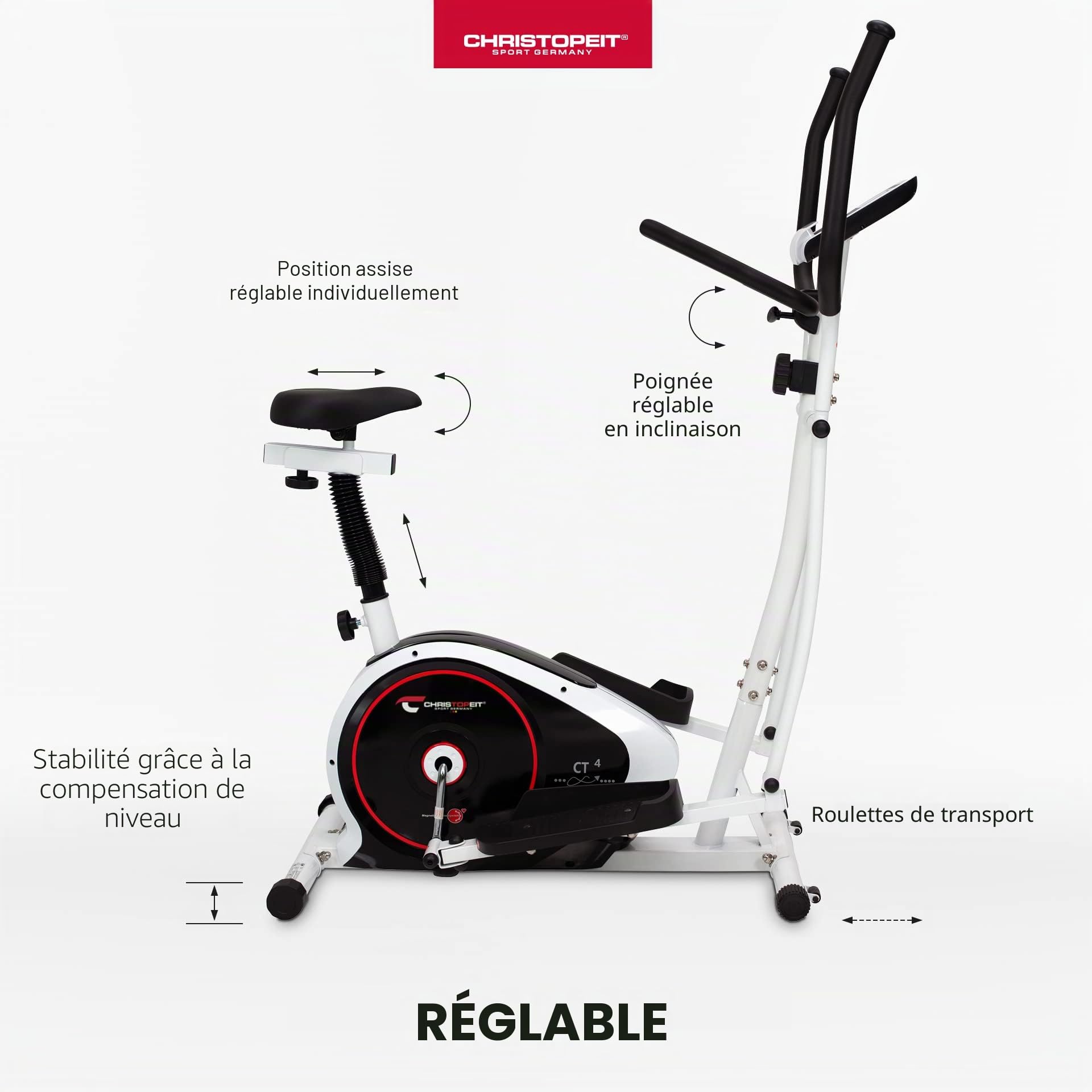 Christopeit Vélo elliptique et vélo d'appartement, 2 en 1 CT 4 avec frein magnétique de 7 kg et 8 niveaux de résistance – Entraînement silencieux, écran LCD, capteurs de pouls et support pour tablette