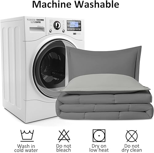 Miniatura 6 de LOVTEX Juego de edredón de 3 piezas, color gris, de microfibra lavada ultrasuave, tamaño King, reversible, de plumón alternativo, color gris con 2