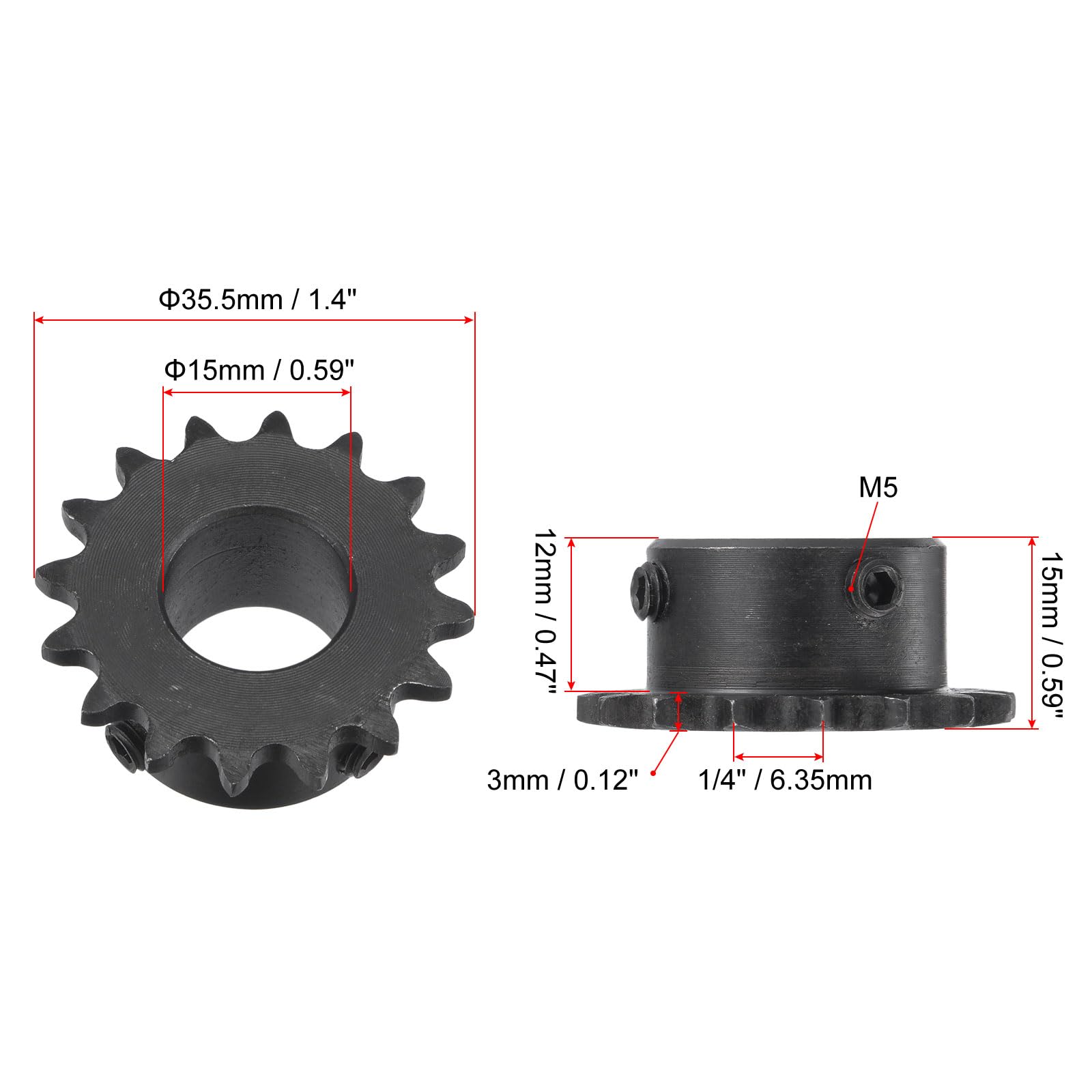 sourcing map #25 Chaîne Rouleau Pignon, 15mm Alésage 1/4" Pas 16 Dent Simple Brin Chaîne Pignon, C45 Carbone Acier 25 Rouleau Chaîne Pignon avec Ensemble Vis pour ISO 04C Chaîne, 2pcs