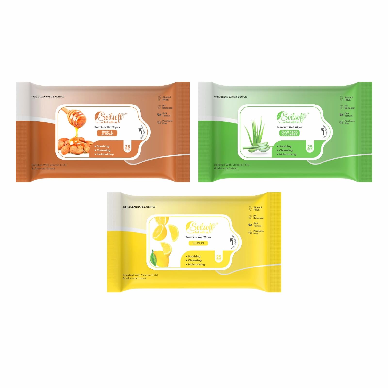 Soilsoft Premium Wet Wipes Variety Pack (3 x 25 Wipes, 75 Count Total) - Honey Almond, Aloe Vera, Lemon Scents. Alcohol-Free, pH Balanced, Enriched with Vitamin E & Aloe Vera, Gentle and Soothing Wipes for Hands and Face (H&A + AL + LEM)-image-30