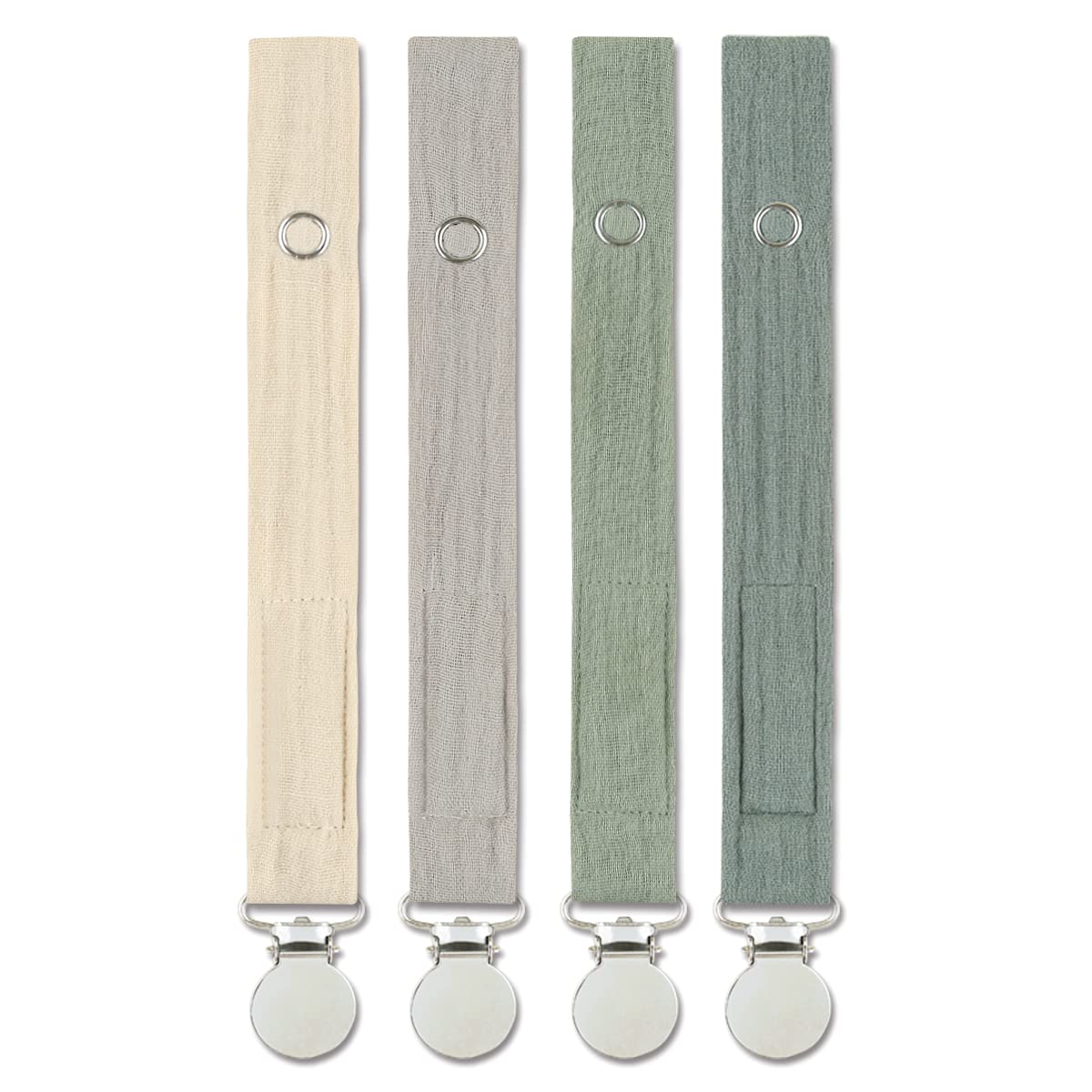 Baby Pacifier Clip Leash Holder Unisex for 4 Pack Gift Set with Neutral Solid Colors ;Soft Linen Pacifier Clips ; Fabric Pacifier Strap with Clip