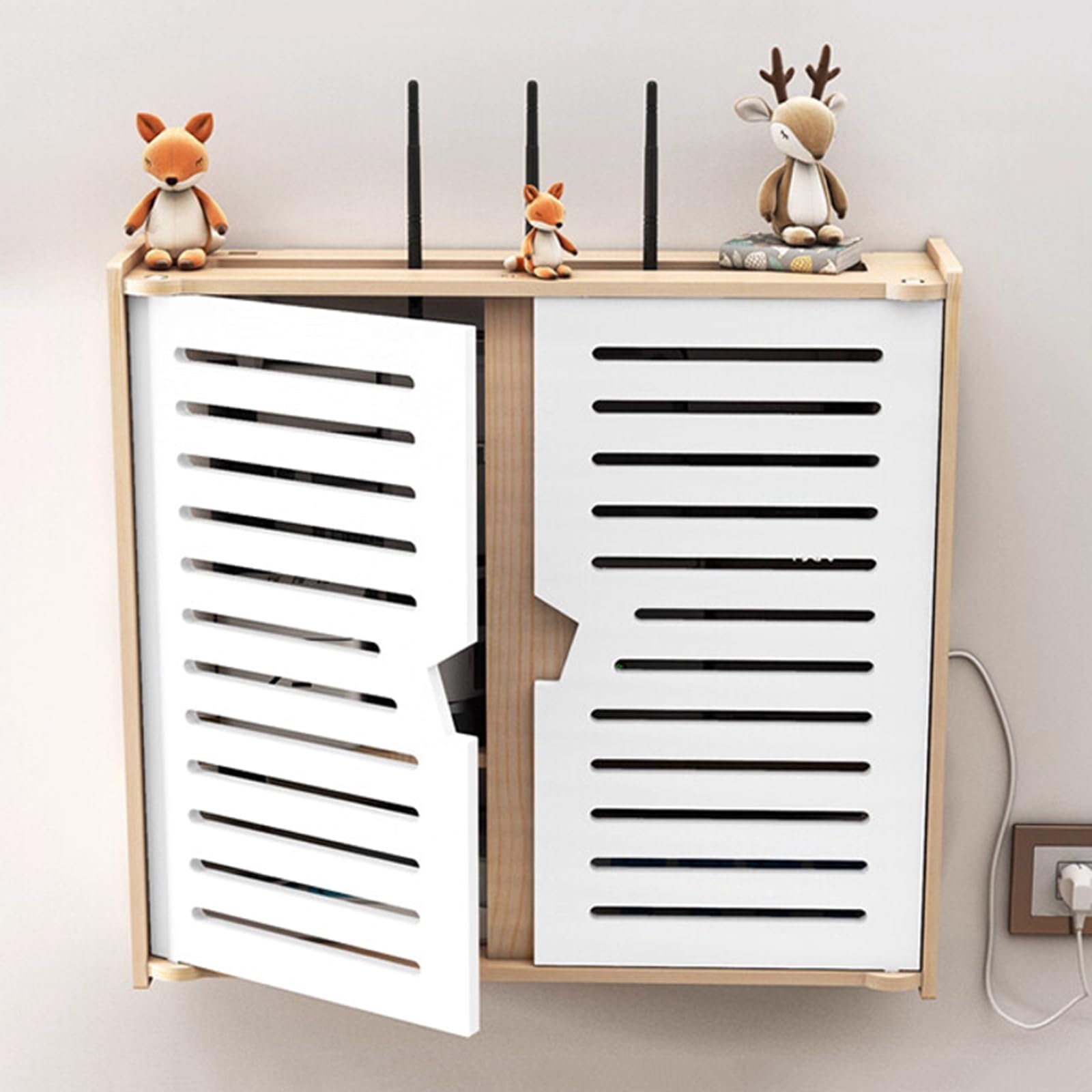 Porta Modem da Parete, Scatola di Immagazzinaggio per Router WiFi, Cavi, Prese, Mensola per Router WiFi da Parete - Doppia Porta, Legno Organizer Cavi per Casa e Ufficio(40×30cm,Double Layer)