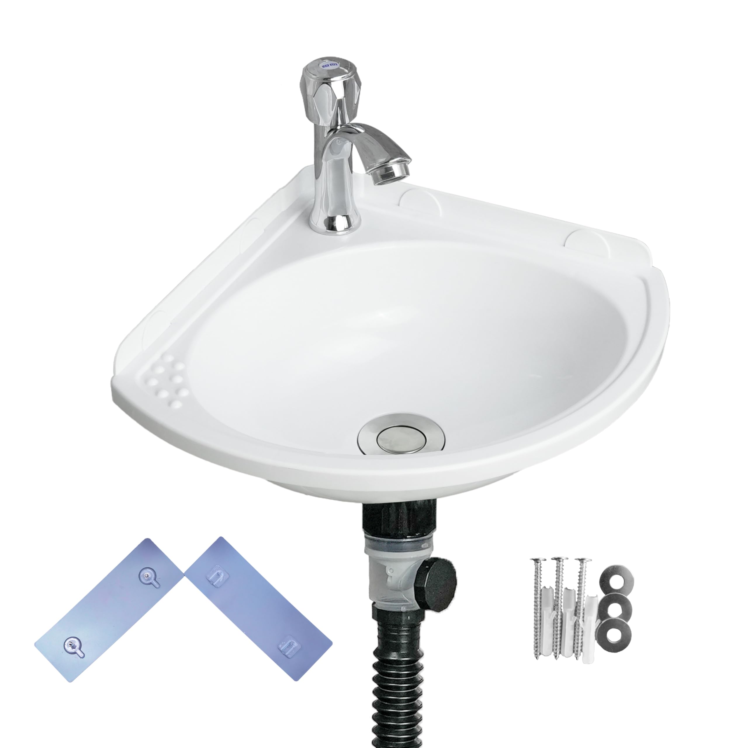 Kleines Waschbecken Wandhalterung Badezimmer Eckspüle Dreieckiges Waschbecken ohne Bohren Installation Selbstklebend 30,5 x 30,5 cm mit 3,2 cm Wasserhahnloch, Mini-Kunststoffspüle für Zuhause