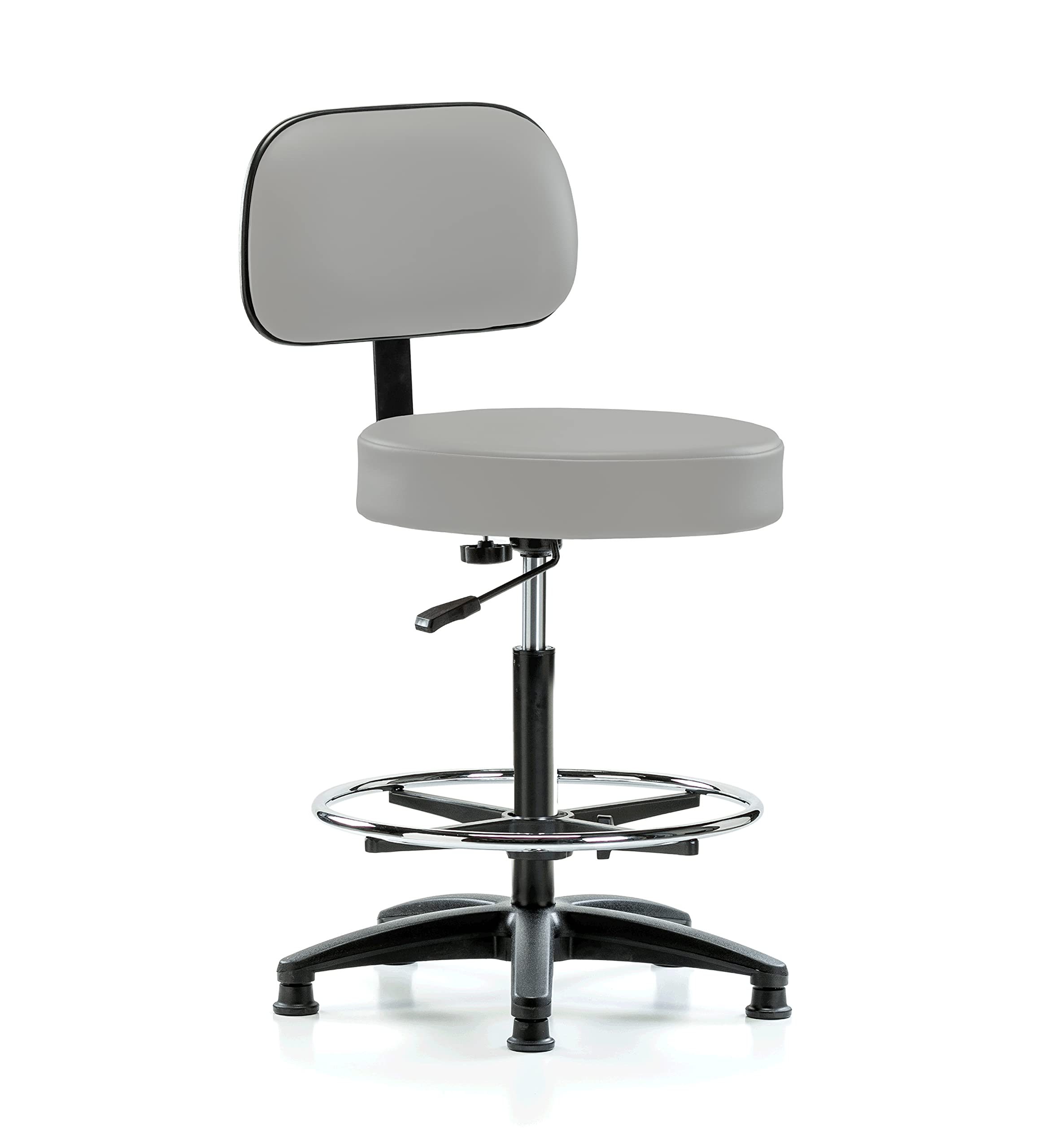Perch Medical Stool with Back &amp; Foot Ring, Glides, 25"-35", Grey Vinyl