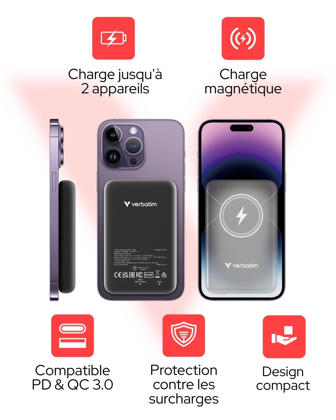 Verbatim Magnetic Power Bank 10000mAh Wireless Charger 15W 20W PD per USB-C, Powerbank Petit et Magnétique pour iPhone 15, 14, 13, 12, Pro, Max, iPad, Noir