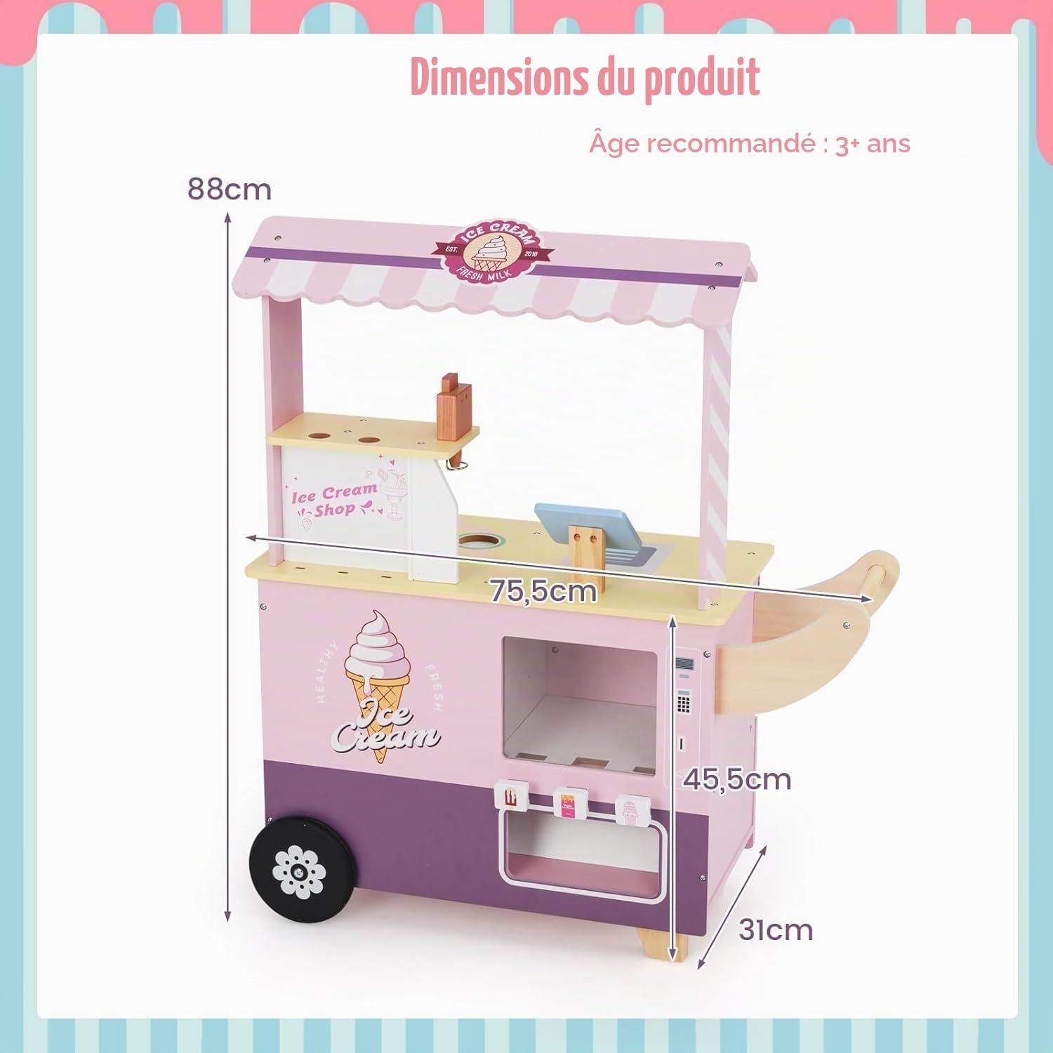 FANTASK Chariot à Glace pour Enfant Rose avec 15 Accessoires, Magasin en Bois avec sorbetière, Caisse enregistreuse, Scanner et Distributeur Automatique, Magasin de marchands et crème glacée, Jouet