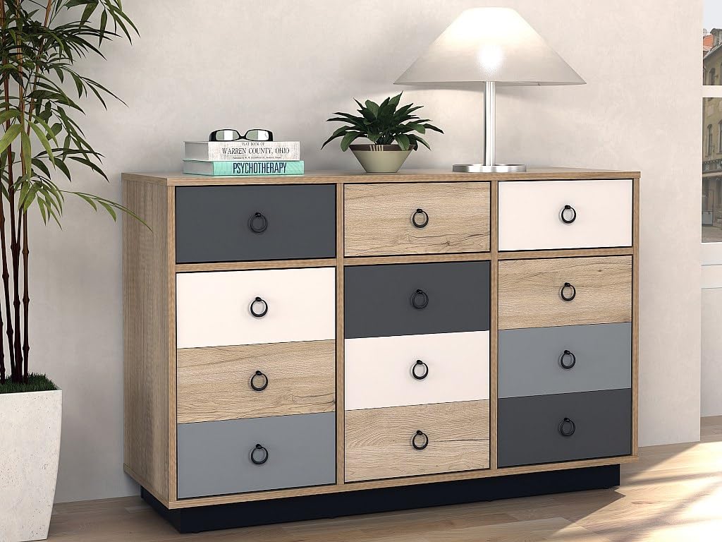 Vente-unique - Commode Krypton - 3 tiroirs et 3 Portes - Coloris : chêne, Blanc et Gris