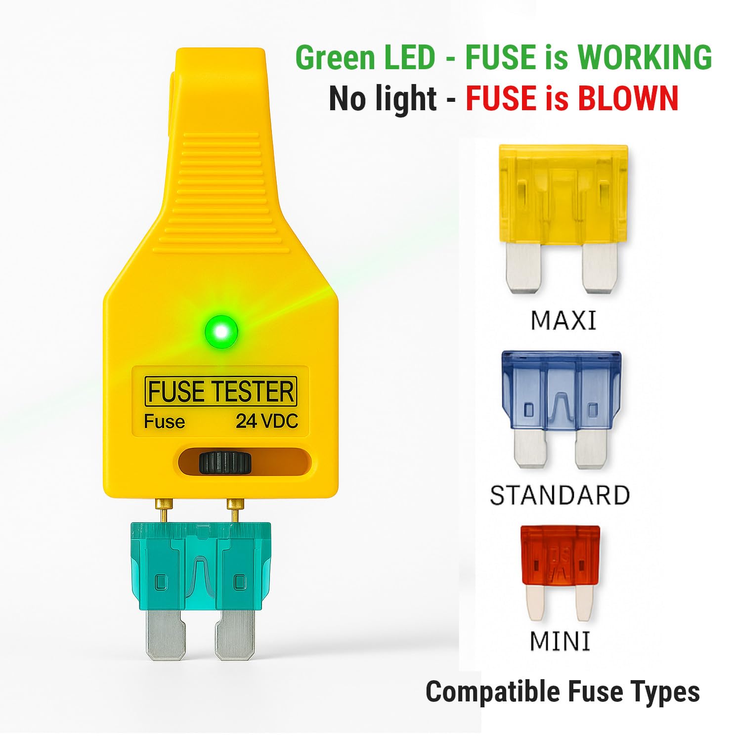 MGI SpeedWare Fuse Tester for 12V 24V Automotive ATO/ATC/ATM Mini Standard Maxi Blade Fuses with LED Indicator