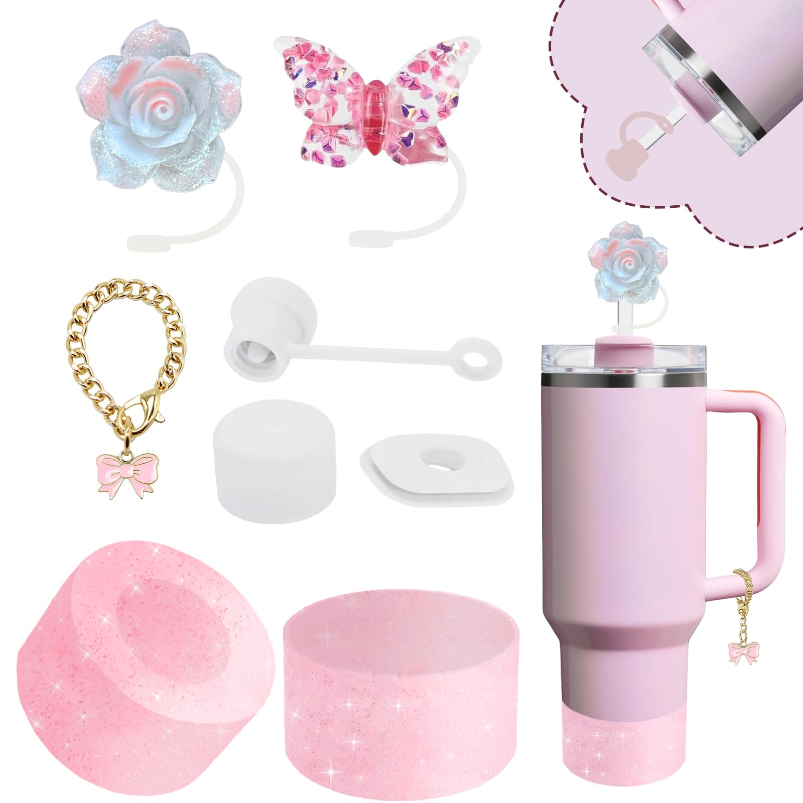 Stanley Cup Accessories Set,Including 2 Pcs 0.4in Straw Cover, 1 Silicone Spill-Proof Stopper Set of 3, 1 Cute Maple Handle Charm, 1 Silicone Boot Fits Stanley 40&30 Oz Tumbler (Peony 2.0) — image 1