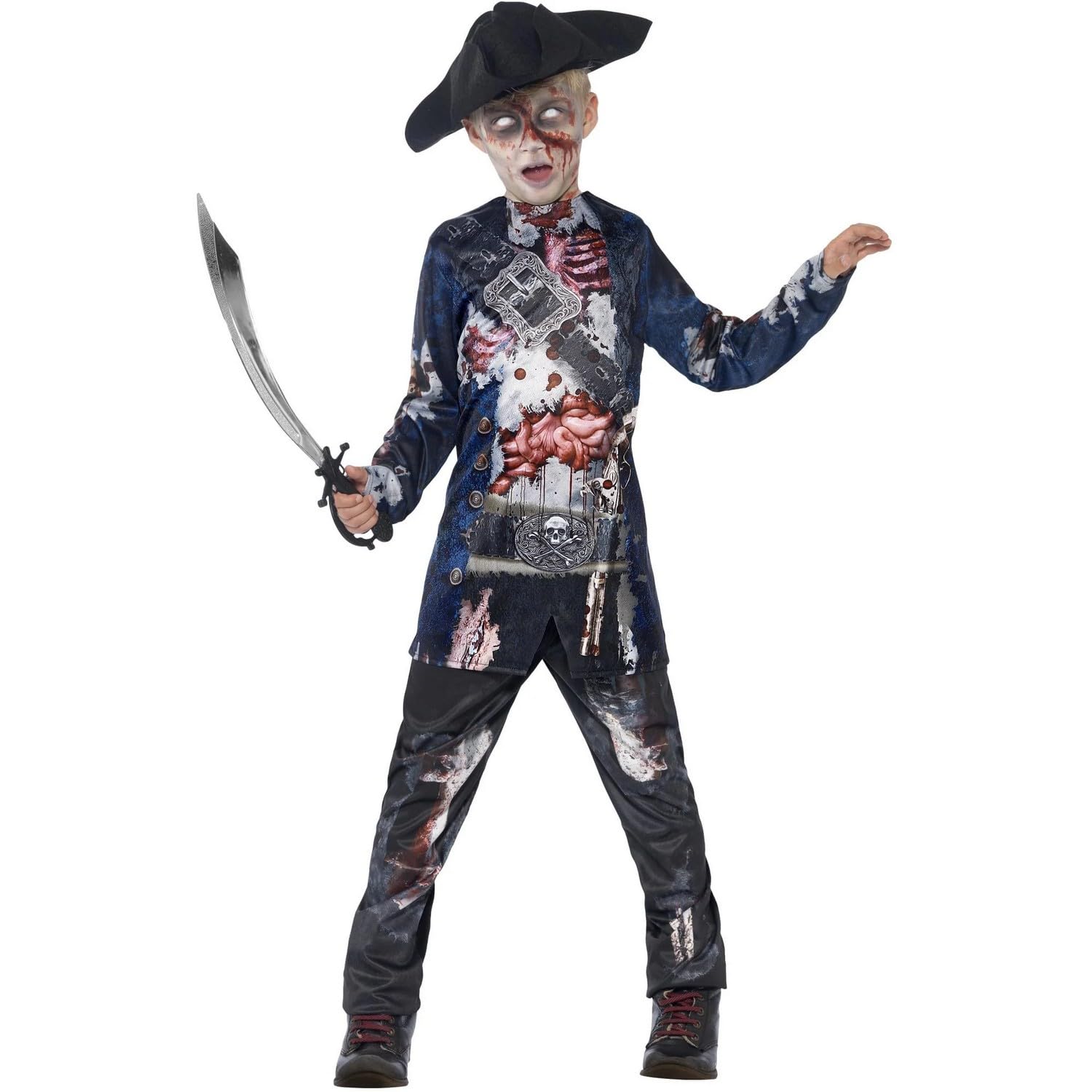 Smiffys Deluxe Jolly Rotten Pirate, Black with Top, Trousers & Hat, Sublimation Print, Halloween Child Fancy Dress, Pirate Dress Up Costumes