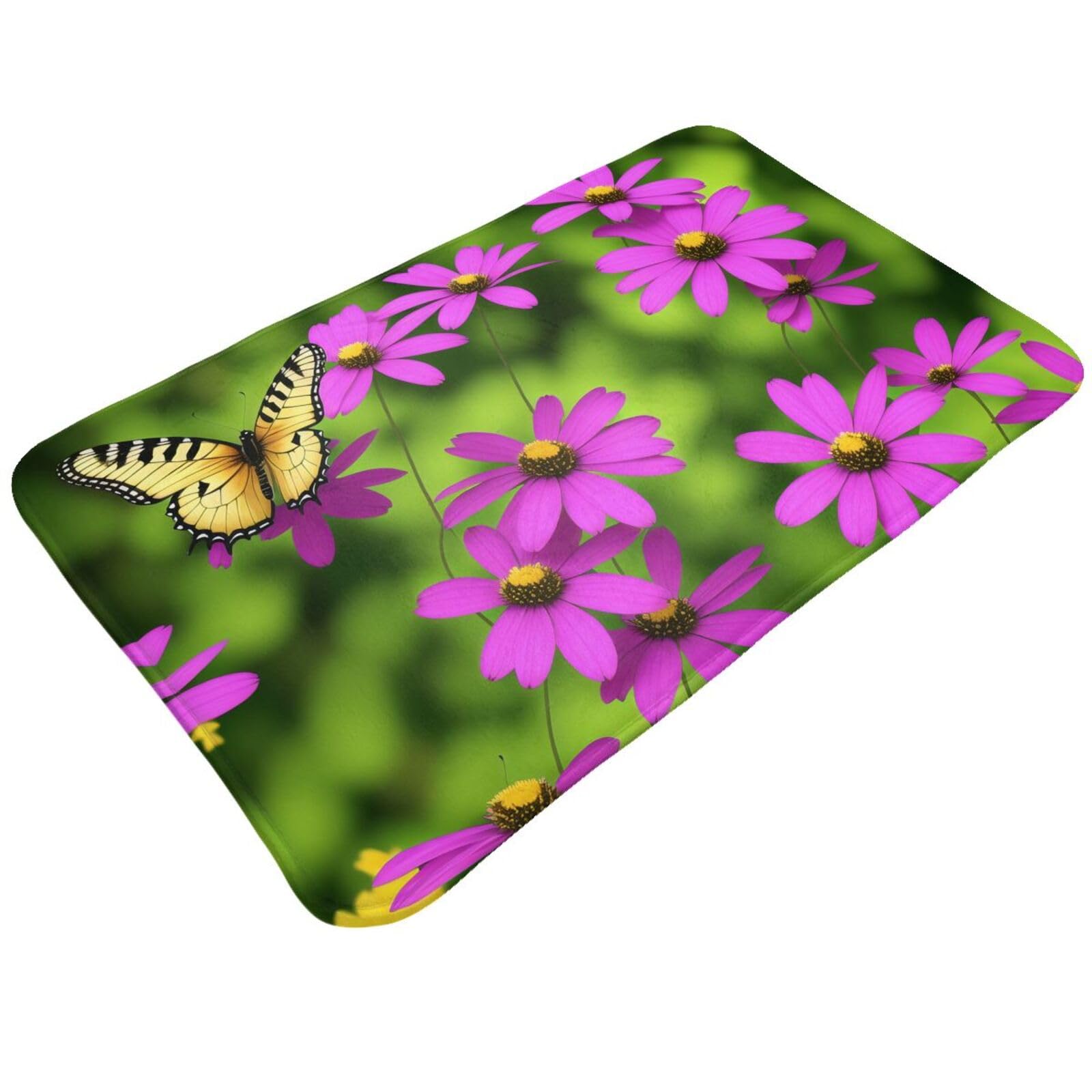 Butterflie and Flowers Print Living Room Bathroom Kitchen Anti Slip and Absorbent Carpet, Indoor Entrance Door Muddy Floor Mat, Ultra Soft Washable Carpet 21x31.5 Inches