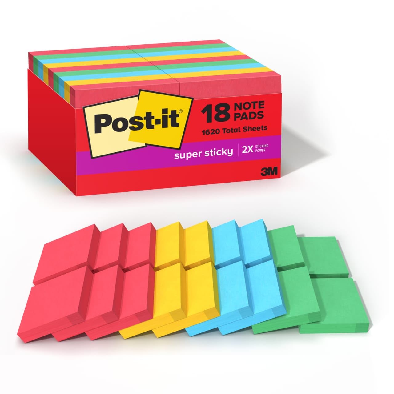 Post-it Super Sticky Notes, 18 Haftnotizblöcke, 4,8 x 4,8 cm, Schulbedarf und Büroprodukte, ideal für Lehrbücher, Notizbücher und vertikale Oberflächen, Playful Primaries Collection