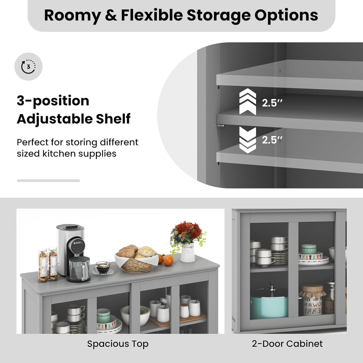 NAFORT Wooden Buffet Cabinet Sideboard with Sliding Doors, Kitchen Storage Console Table, Accent Coffee Bar with Adjustable Shelf for Living Room, Dining Room, Entryway (Gray)