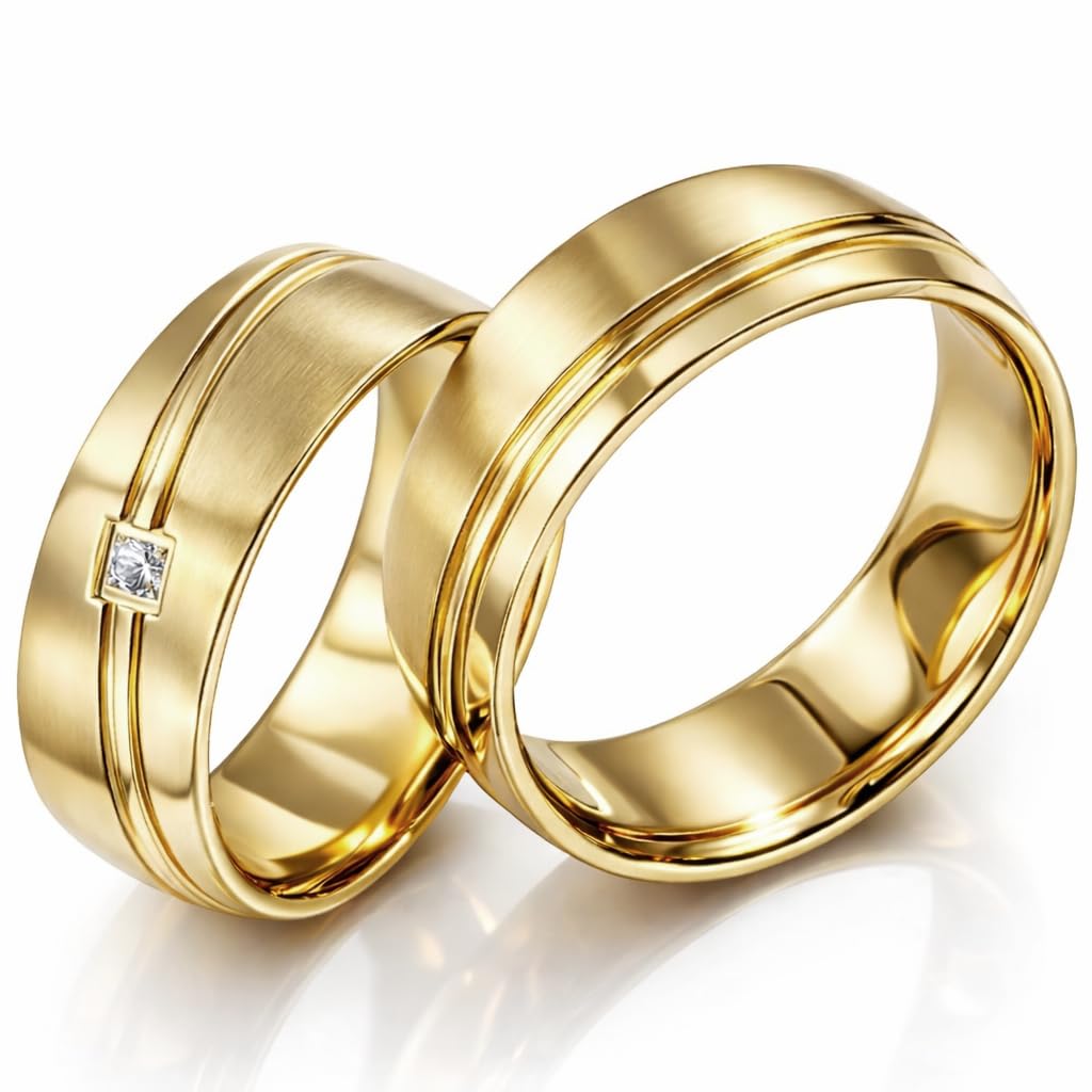 Blue Moon Diamonds Paar Partnerringe & Eheringe aus Edelstahl mit PVD Gold – Ringpaar 6 mm mit Zirkonia & Wunschgravur - Trauringe Freundschaftsringe im Etui | 1880