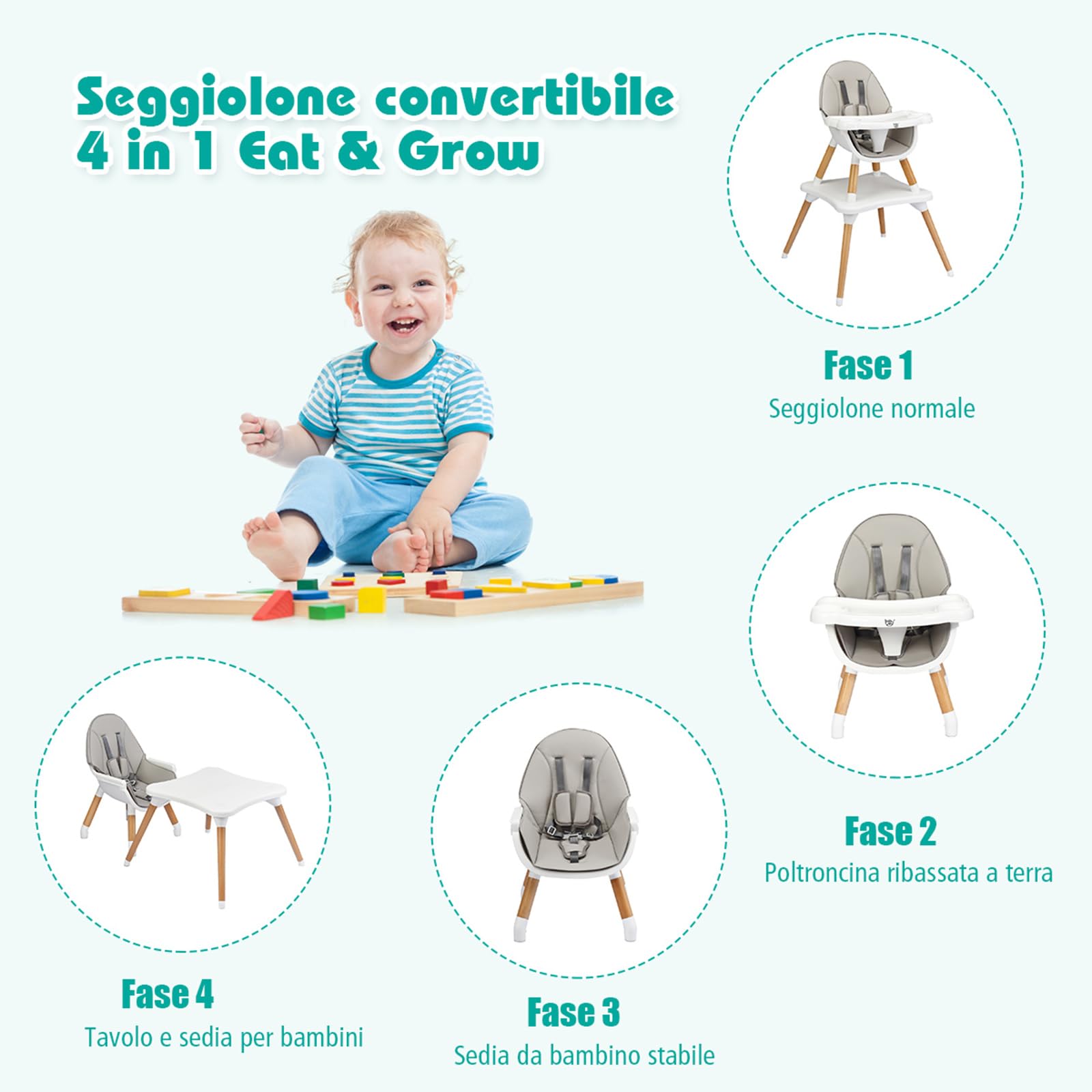 COSTWAY 4 in 1 Seggiolone Pappa, Seggiolone Evolutivo per Neonati Convertibile, con Cintura di Sicurezza, Vassoio Rimovibile, per Bambini 6-36 Mesi (Grigio)