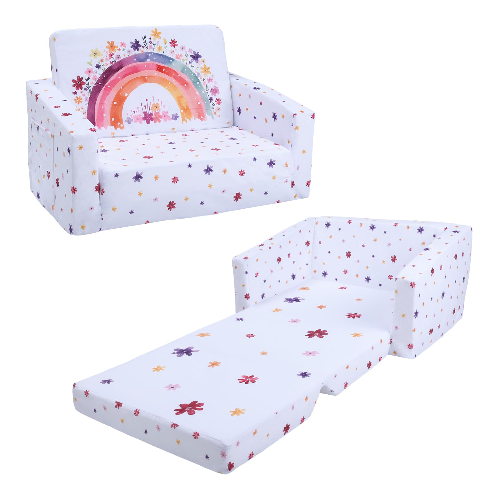 Canapé Pliant pour Enfants Canapé-Lit Convertible 2 en 1, Canapé-Lit pour Bébés Stable Confortable avec Pochette en Tissu, Canapé Chaise Léger pour Chambre à Coucher Salle de Jeux, Arc-en-ciel Fleur