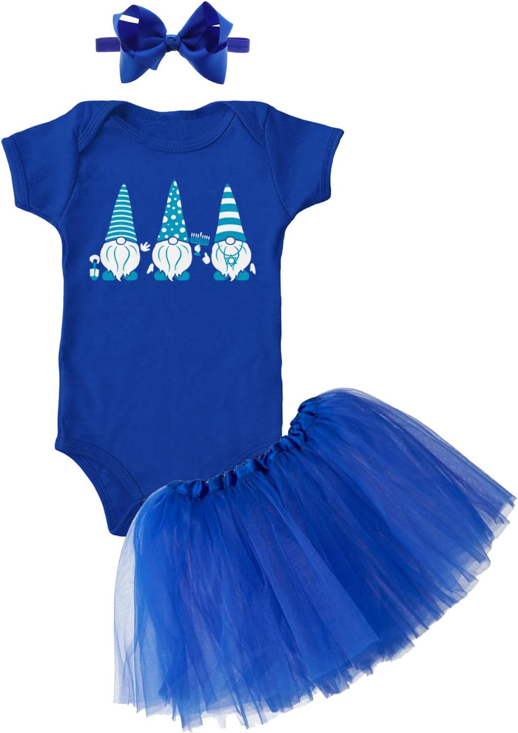 Hanukkah Gnomes - Dreidel Jewish Baby Bodysuit + Tutu Skirt + Bow Headband Set