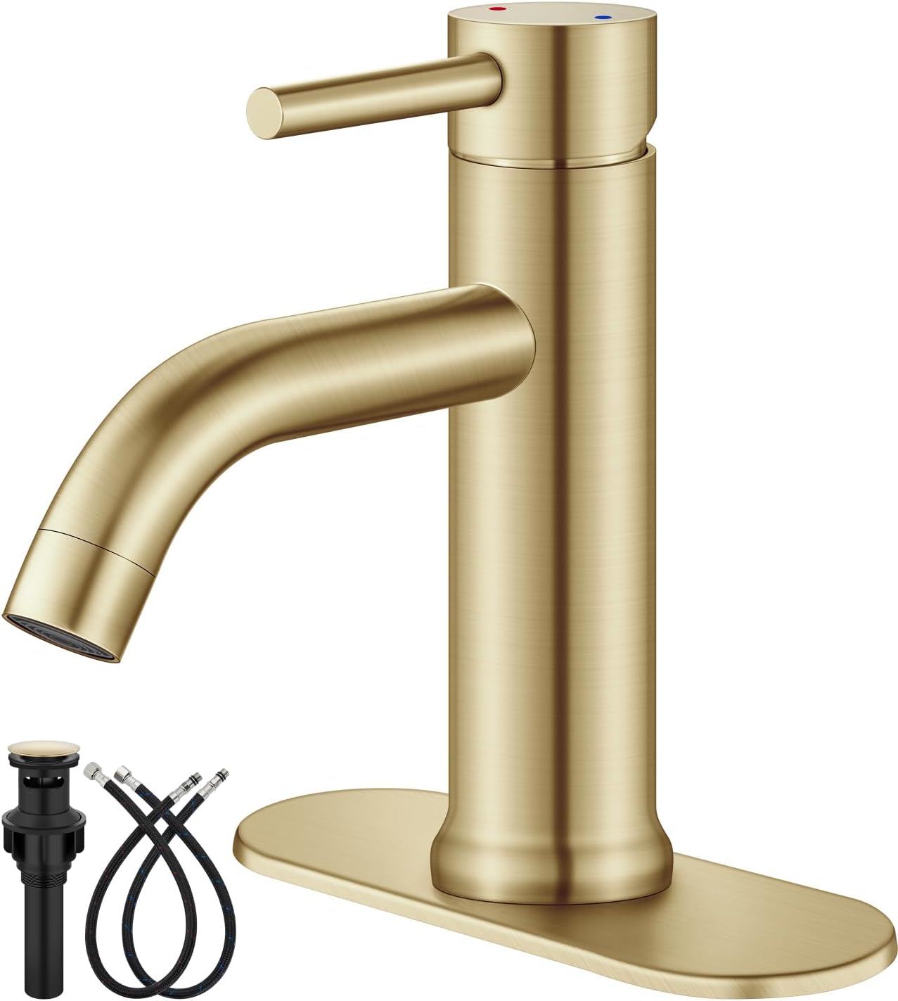 Aolemi Bathroom Faucet Single Hole,Single Handle Bathroom Sink Faucet with Supply Lines,with Pop Up Drain Assembly and Deck Plate,Brushed Gold