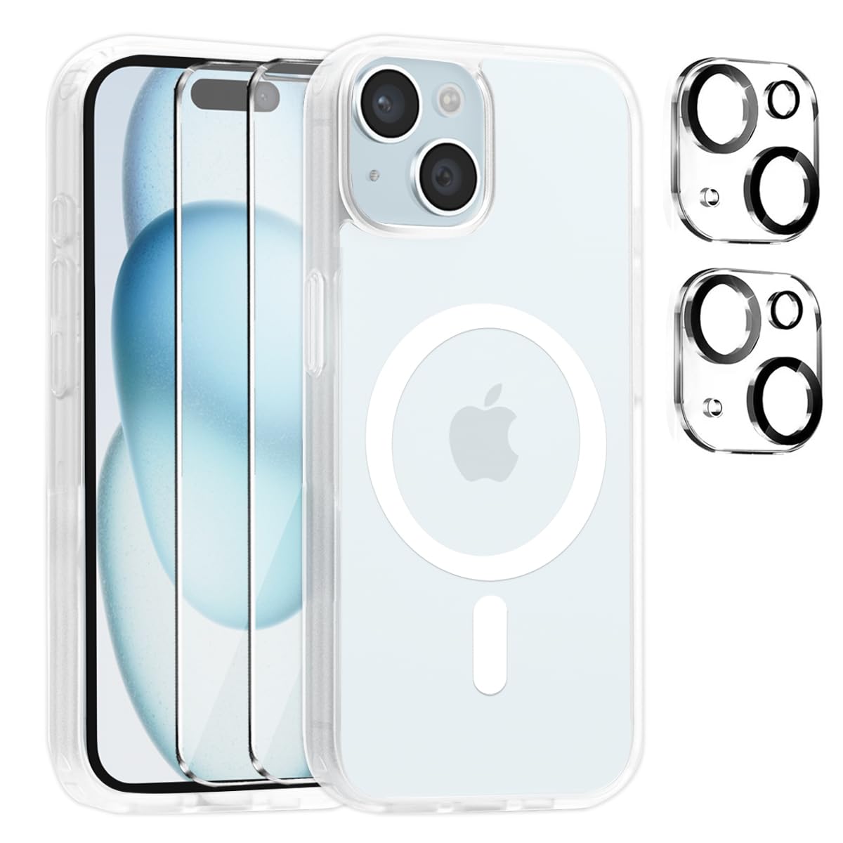 Cover per iPhone 15 Compatibile con 2 vetri temperati e 2 vetri per fotocamera, Translucent Matte Slim Back PC+TPU Bumper Shockproof Compatible Magnetic Cover per iPhone 15 - Trasparente Opaco