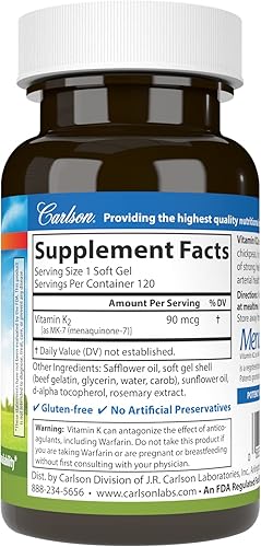Miniatura 2 de Carlson - Vitamina K2 MK-7 (Menaquinona), 90 mcg, soporte óseo, función de circulación y biodisponibilidad de calcio, 120 cápsulas blandas