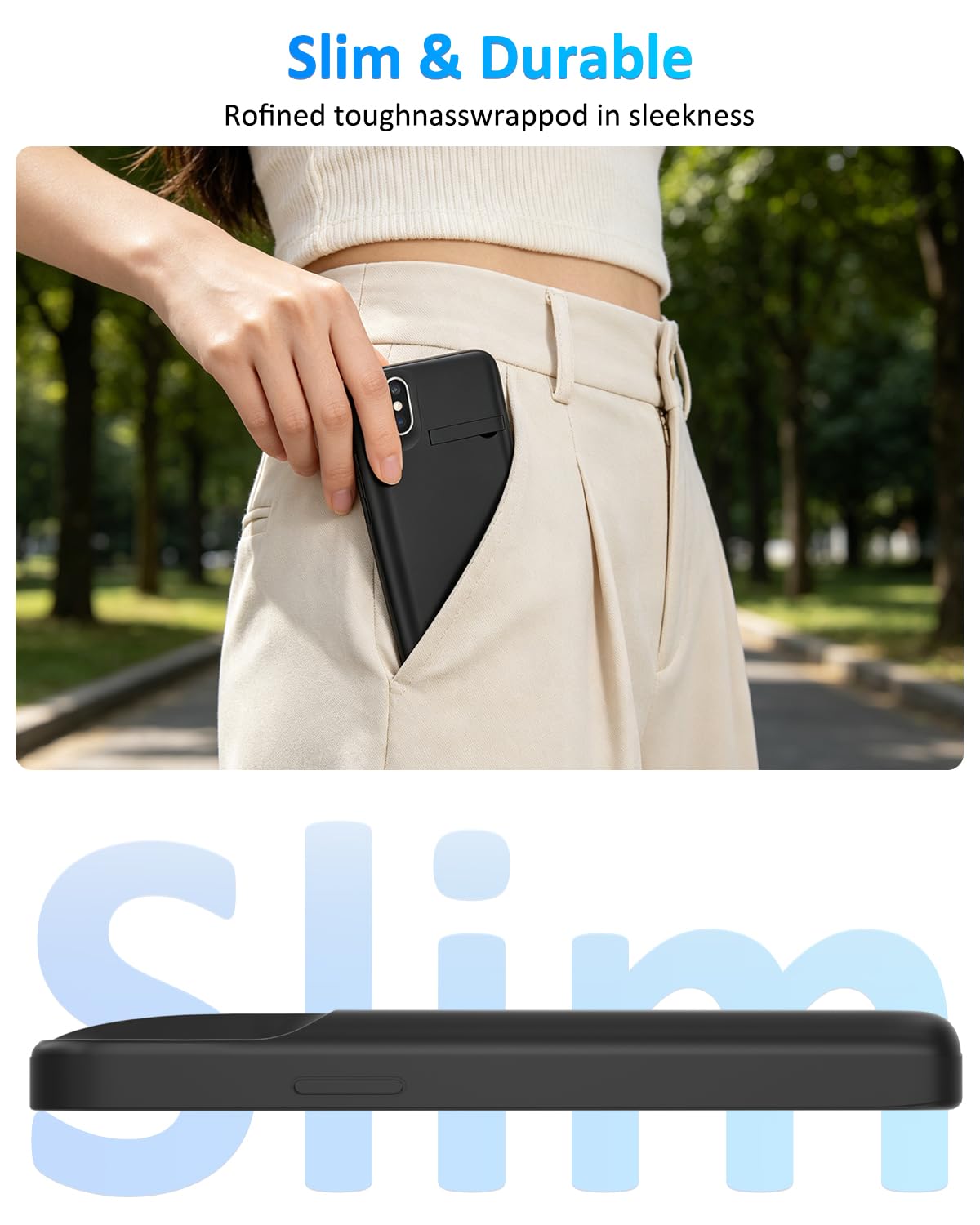 Funda con batería para iPhone X/XS, 6000 mAh, delgada, recargable, extendida, cargador de batería de respaldo con soporte, batería portátil para iPhone X/XS, color negro