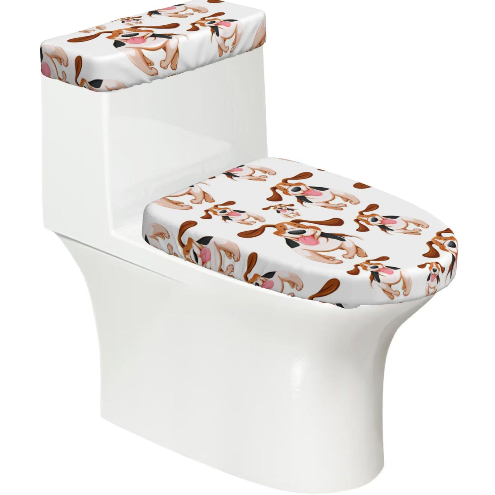 Cartoon Pug Print 2-Piece Stretch Toilet Cover Set, Elastic Breathable Toilet Seat and Tank Lid Protector