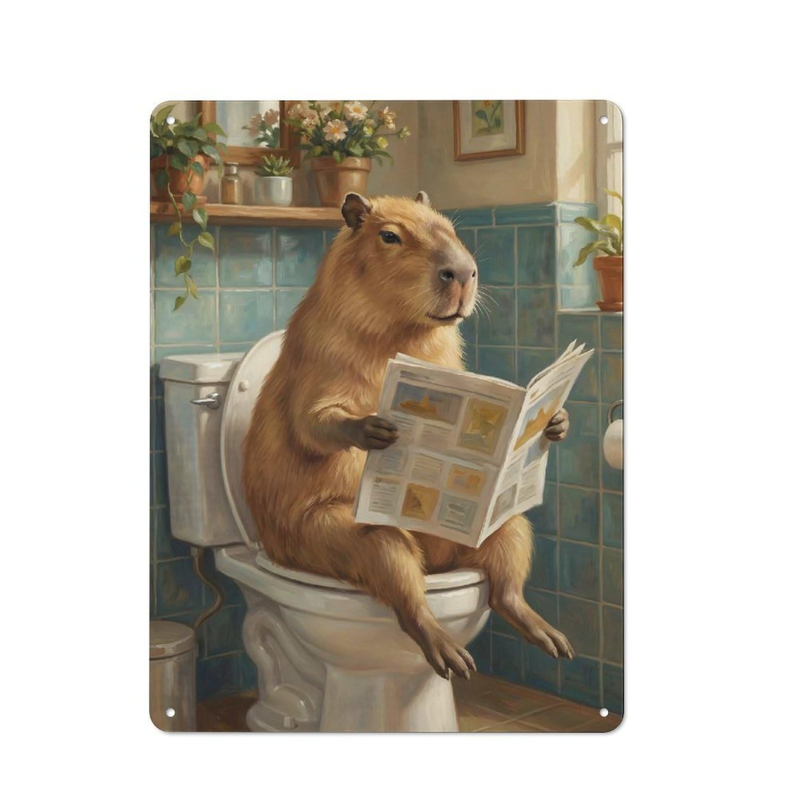 Capybara Reading Newspaper on Toilet Vintage Metal Sign 40x30cm, Retro Classic Pub Decor for Cafe, Pub, Workshop Or Home Bar