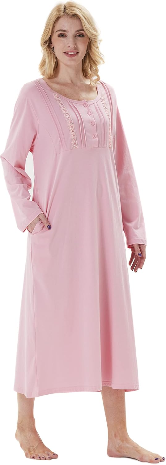 Keyocean Nightgowns for Women with Pockets Soft Cotton Comfy Lightweight Long Sleeves Ladies Nightdress