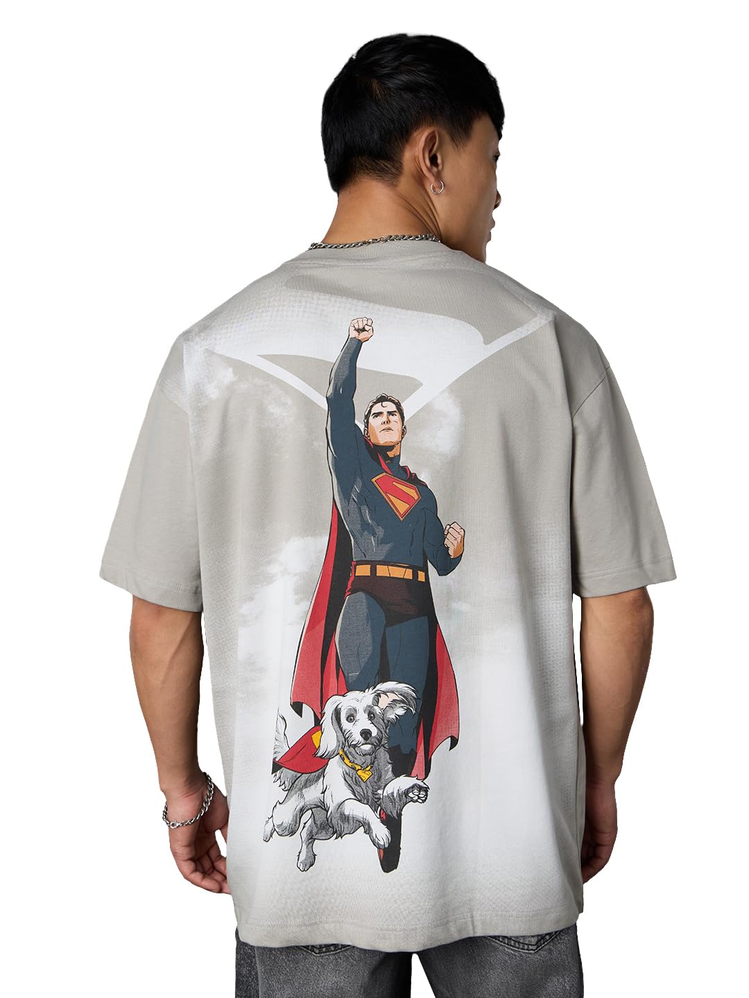 The Souled Store Superman: Take Me Home mężczyźni i chłopcy z krótkim rękawem, okrągły dekolt, szary, grafika z nadrukiem bawełnianym, lekka koszulka całoroczna oversized