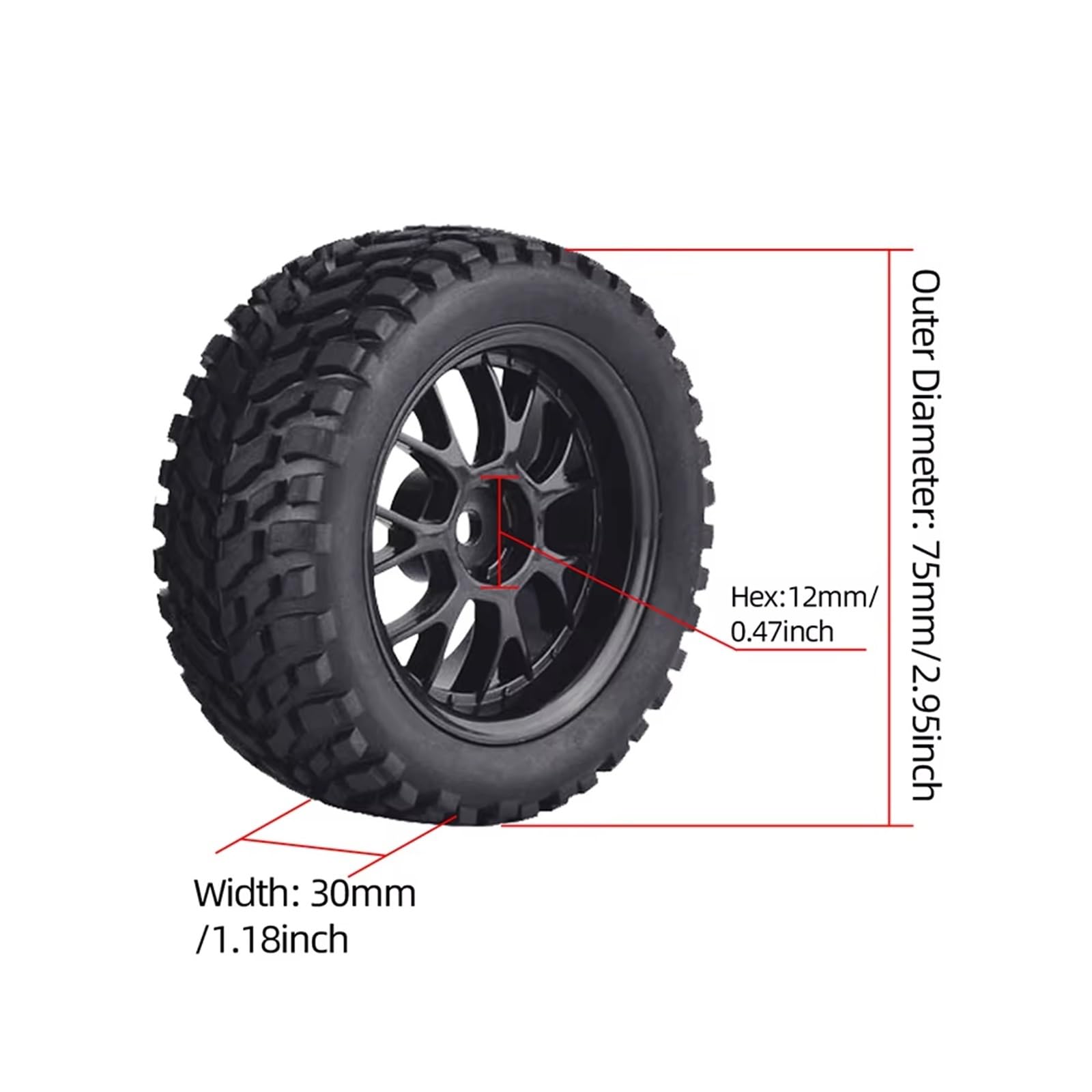 Rc Tire Jante pour Wltoys 144001 pour HSP pour HPI pour 1/14 1/16 1/10 pour Voiture De Course 4 Pièces 75mm Roue en Caoutchouc 12mm Hex pour Pneus De Voiture De Course
