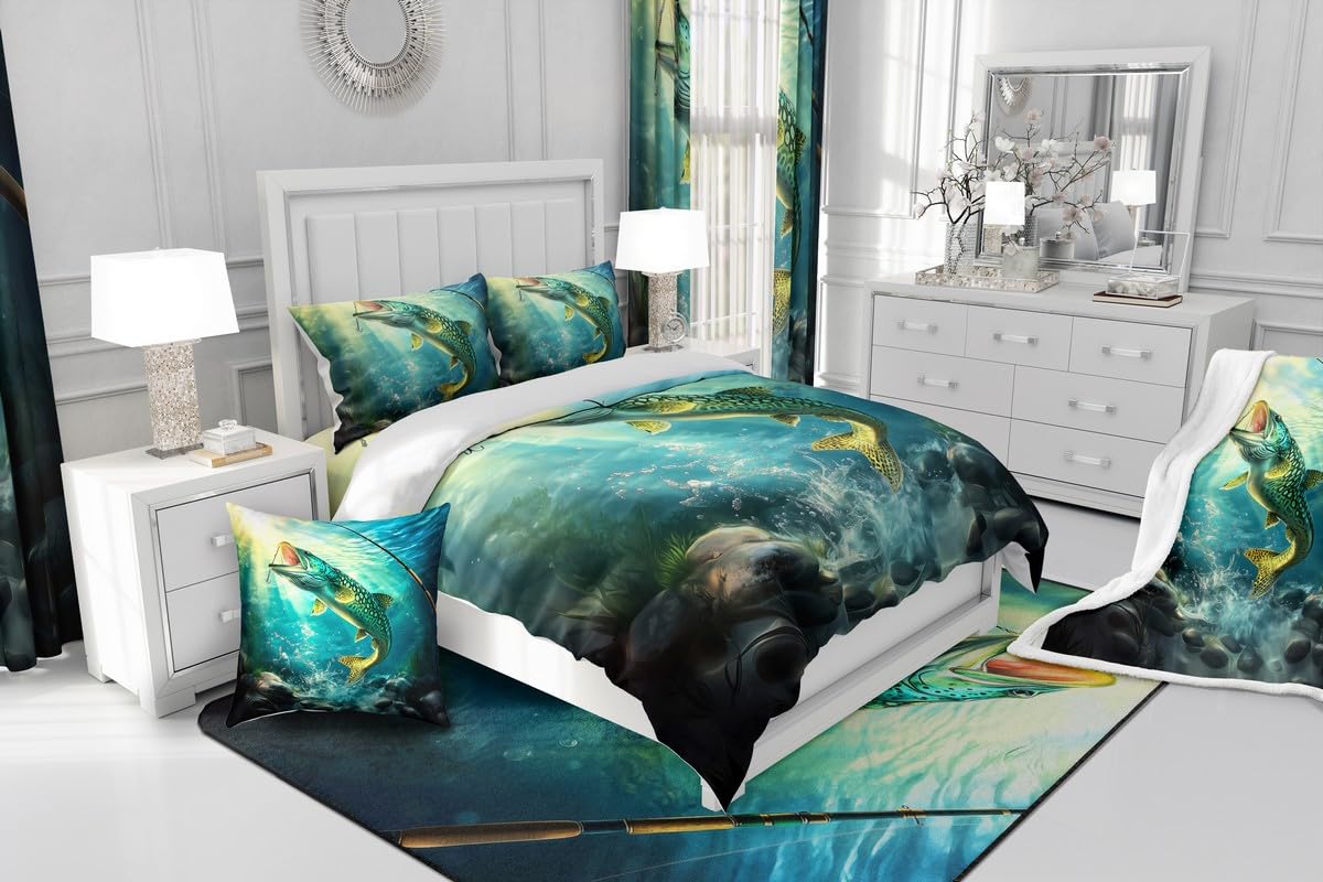 Loussiesd Big Hecht Fisch 100% Baumwolle Bettwäsche Set 135x200cm Fischen und Jagen Bettbezug für Kinder Jungen Mädchen Zimmer Dekor Fischer Fisch Mann Betten Fischen Bettwäsche-Set