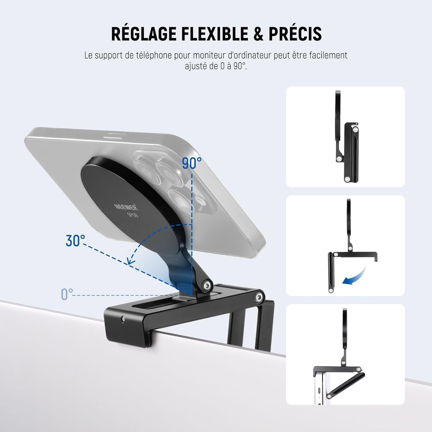 NEEWER Support pour Appareil Photo Continuité pour Moniteur de Bureau, Support Magnétique Trois Parties pour Téléphone Webcam, Base Type Arca, Compatible avec MagSafe iPhone iMac, Mac, Samsung, SP08