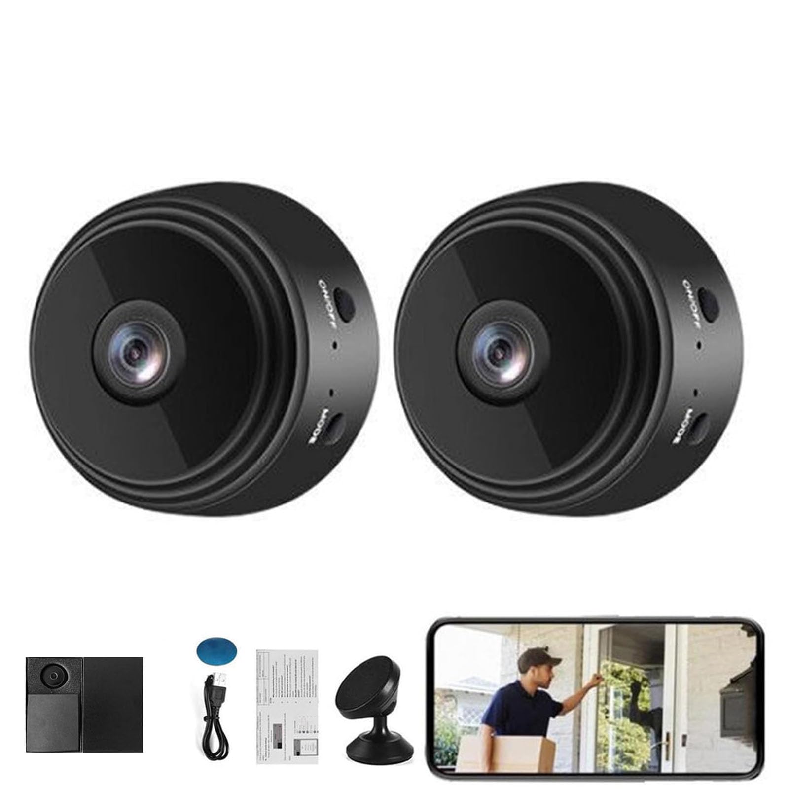 Pixi Lens Pro Security Camera, Pixilens Pro Camera, Pixielens Pro Mini Security Camera, Pixielens Magnetic Security Camera, Mini 1080p HD Wireless Magnetic Security Camera (2PCS Black)