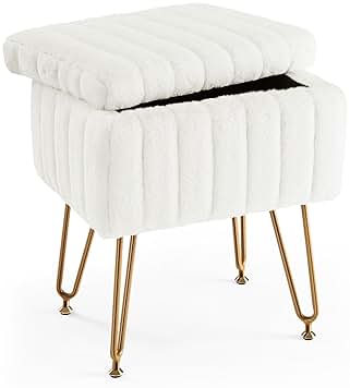Sweetcrispy Vanity Stool Chair with Storage, Ottoman Faux Fur Soft Padded Makeup Footstools Seat with 4 Metal Legs Anti-Slip Adjustable Feet Modern Cute Small Footrest for Home Entryway Bedroom White