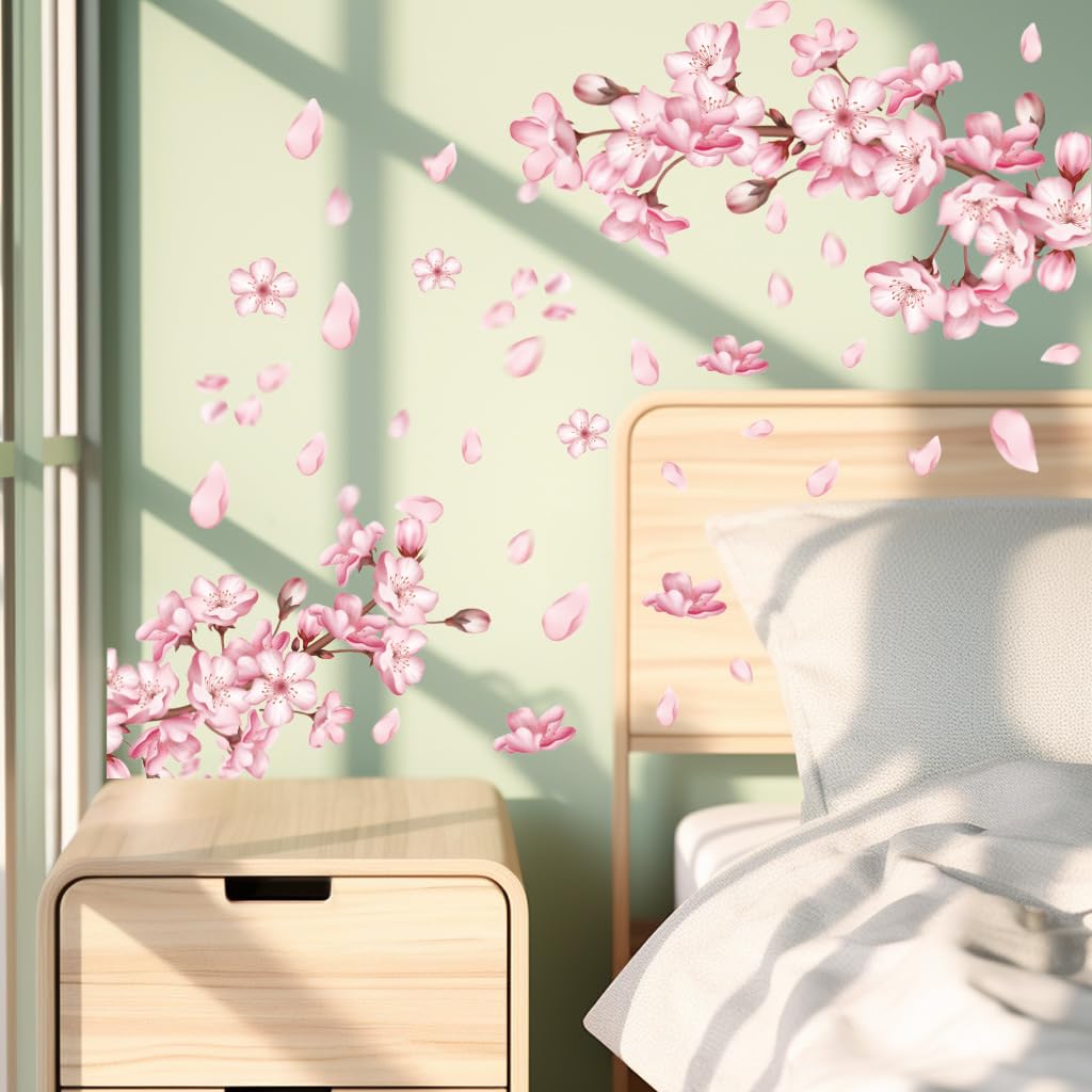 FUFUQUARE Peach Blossom Tree Wall Decal Pink Floral Branch Wall Art Decals Removable Vinyl Peel and Stick Decor for Girls Nursery Bedroom Living Room - Image 2