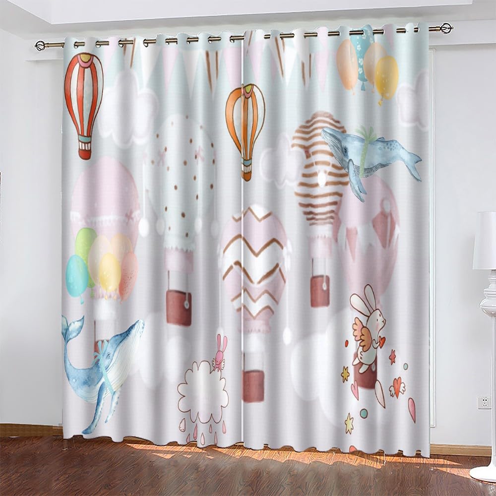 KaiHeBeding Hot Air Balloon Blackout Curtains for Bedroom - Whale and Rabbit Living Room Curtains 46x54 Eyelet - Soft Thermal Insulated Patterned Drapes for Windows - 2 Panels