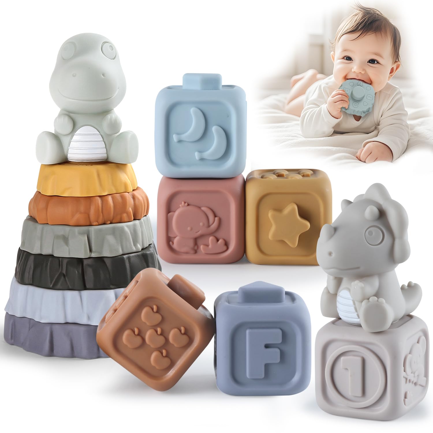 Yrkidstoi Stacking Building Blocks & Rings Toys for Babies 6-12 Months, 14 Pcs Soft Circle Stacker Teether with 2 Dinosaur Figures, Montessori Learning Sensory Toys for Infant Toddler Boys Girls