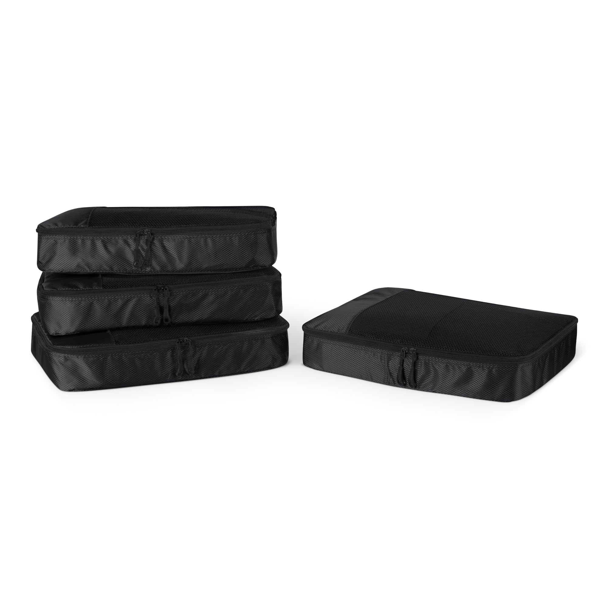 Amazon BasicsAmazon Essentials 4-Piece Packing Cubes Travel Accessories Set, Luggage Organiser with Double Zip, Mesh Top, 100% Polyester, Large, Black (Previously Amazon Basics)