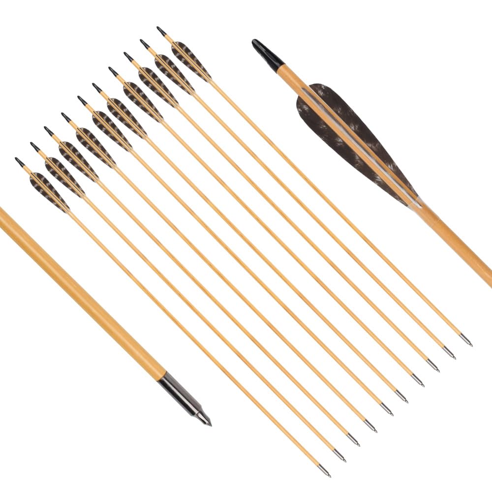12 pièces 81 cm de flèches en bois avec 10 cm de plumes naturelles Flèches pour tir à l'arc Flèches en bois Flèches de chasse fabriquées à la main pour arc traditionnel Arc recurve Arc long
