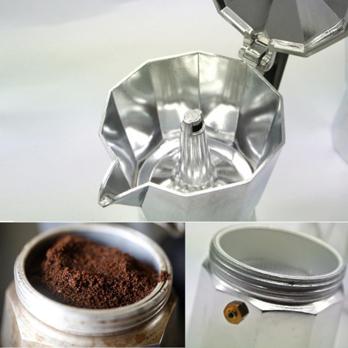 Caffettiera Moka in Alluminio Esagonale 600ml 12 Tazze | Finitura Argento, Stile Europeo, Pulizia Semplice, Pronta in 3-4 Minuti, per Uso Domestico