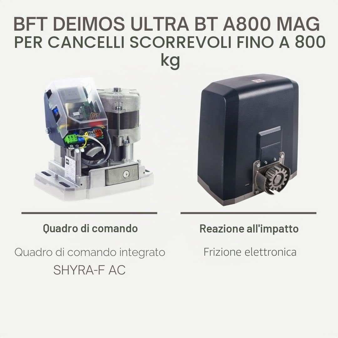 BFT Deimos AC Kit A800 MAG Motore per cancello scorrevole automatico per cancelli fino a max. 800 kg e 12 m con 4 telecomandi, cremagliera da 5 m, luce di allarme, fotocellula per cancello di cortile