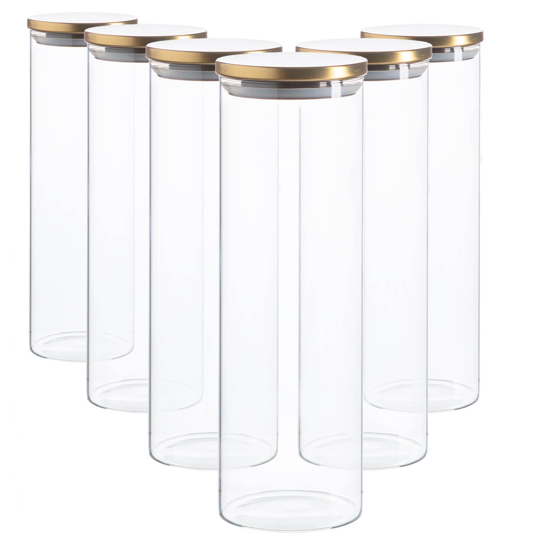 Argon Tableware Gold Scandi Storage Jars With Metallic Lids - 6 Pack - Modern Round Organisation Container Glass Jar For Kitchens, Pantry, Bathrooms, Utility Rooms 2000Ml