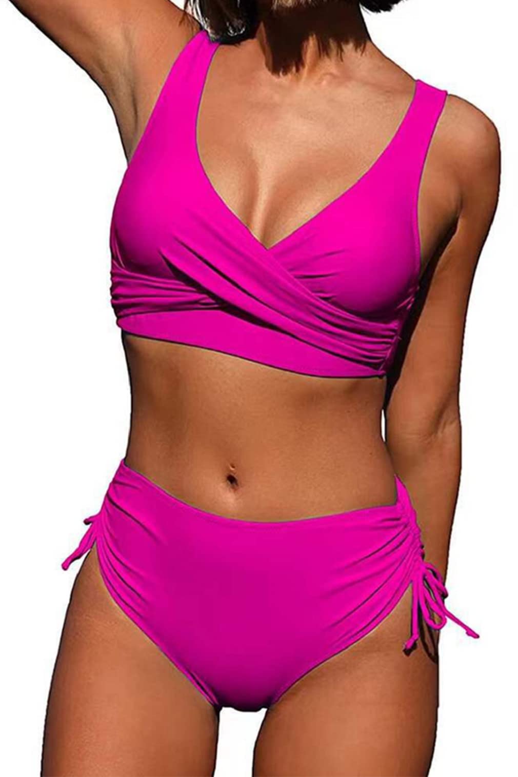 CheChury Bikini Mujer Traje de Baño de Cintura Alta Vintage Cuello en V Push Up Relleno Tops y Lateral con Cordones Braguitas Conjunto de Bikini de Color Sólido