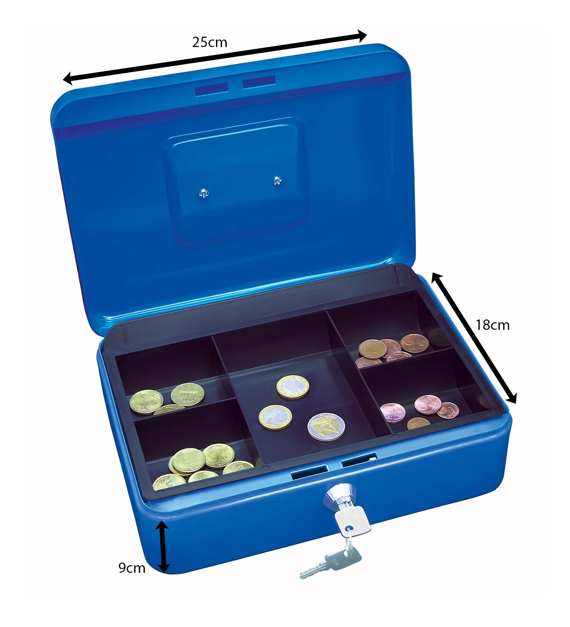 Wedo 145303X Geldkassette (aus pulverbeschichtetem Stahl, versenkbarer Griff, 5-Fächer-Münzeinsatz, Sicherheits-Zylinderschloss, 25 x 18 x 9 cm) blau