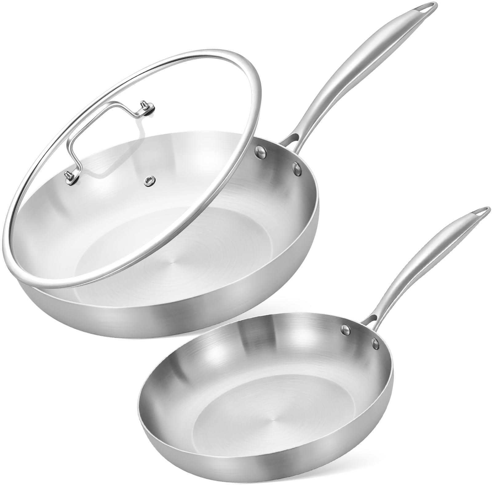 Inqibee Edelstahlpfanne Bratpfannenset Unbeschichtet 22 cm & 26 cm mit Deckel - Pfannenset Edelstahl, Stainless Steel Frying Pan Set, Für Induktion & alle Herdarten - Ofenfest, Spülmaschinenfest