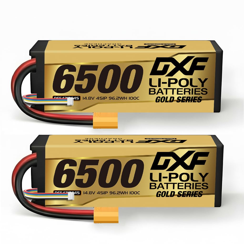 DXF Ultimate 4S 14.8V 6500mAh 100C LiPo Battery with Hard Case XT90 Connector - 4s lipo Perfect for RC 1/8 Buggy Truggy Car - 2Pack - High Performance 4s lipo battery for RC Enthusiasts