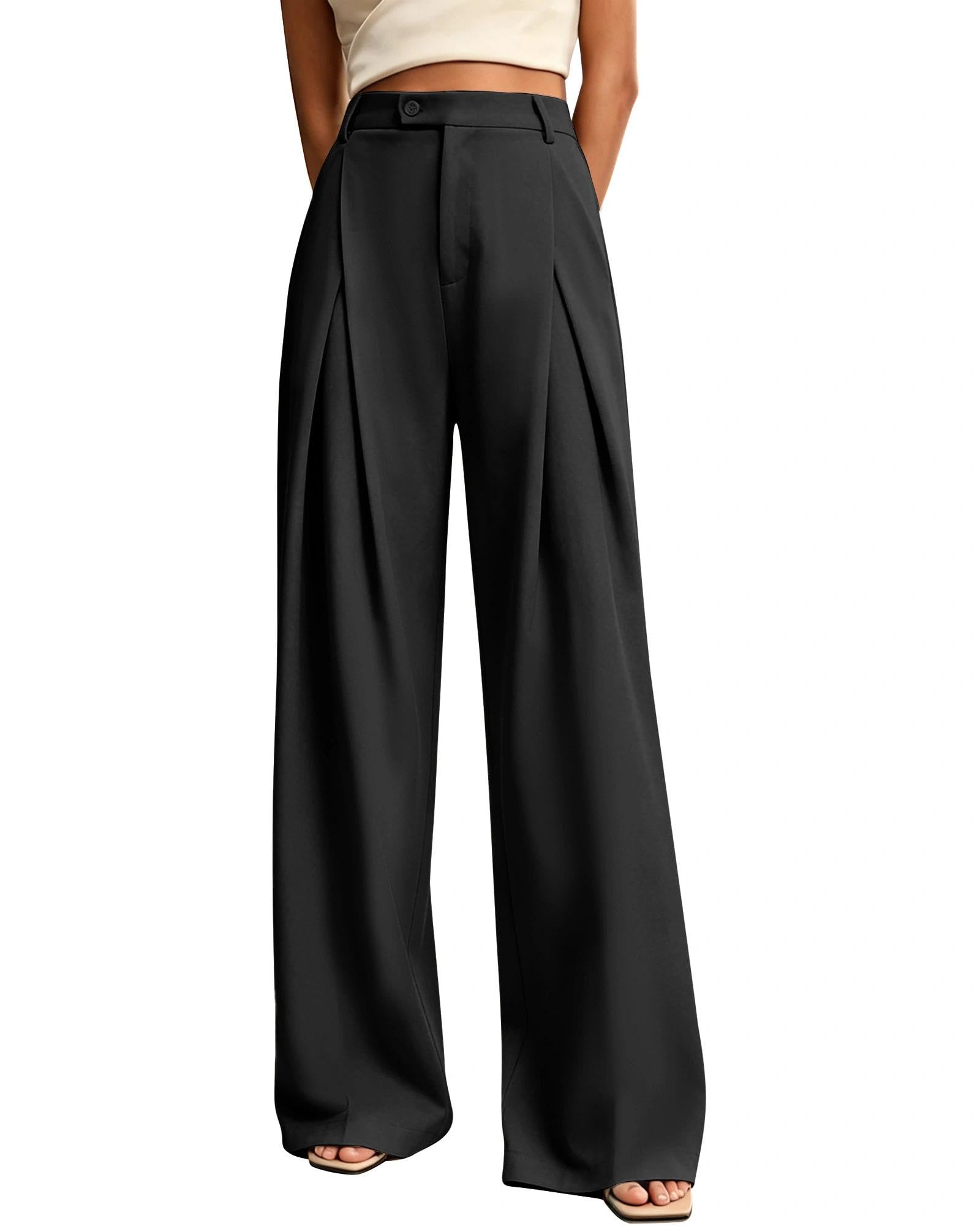 JUOIANTANG Anzughose Damen Hochtaillierte Stoffhose Weites Bein mit Bundfalten, Elastischem Rückenbund & Taschen Frauen Palazzo Hosen