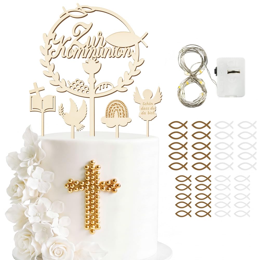 Adiwo Wooden Cake Topper, Believe Gift Cake Decoration Set, Cupcake Topper, 4 Small Wooden Toppers (Angel, Bible Cross, Peace Dove, Rainbow), 40 Small Wooden Fish Decorations with LED Fairy Lamp